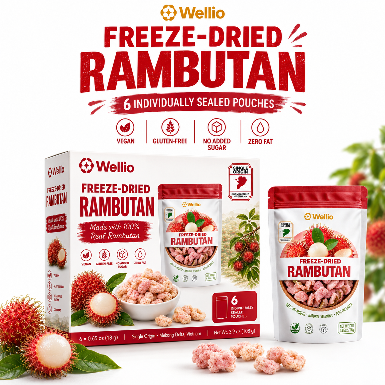 Wellio Freeze-Dried Rambutan Snacks – 100% Real Single-Origin Tropical Fruit, No Added Sugar, Vegan & Gluten-Free (6 Individual Pouches, 3.9 oz)
