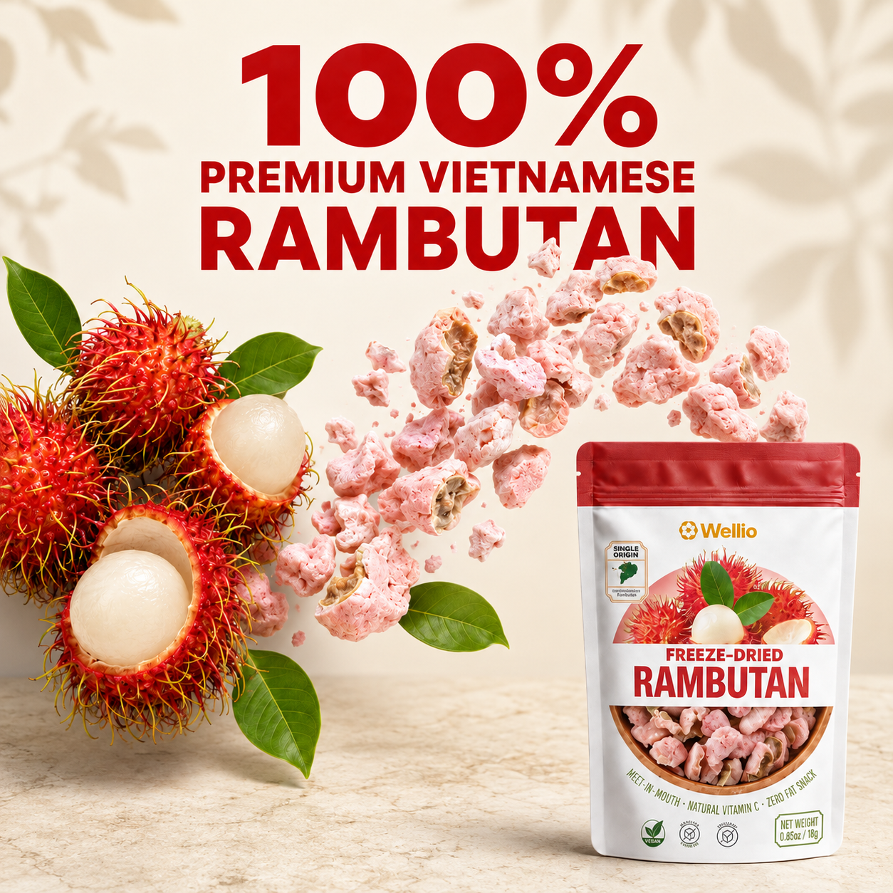 Wellio Freeze-Dried Rambutan Snacks – 100% Real Single-Origin Tropical Fruit, No Added Sugar, Vegan & Gluten-Free (6 Individual Pouches, 3.9 oz)