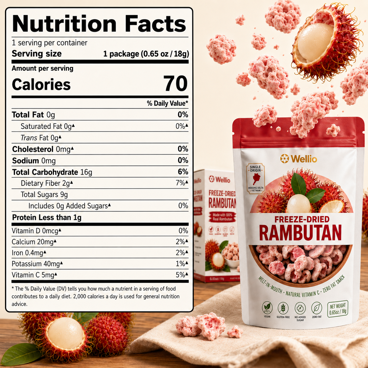 Wellio Freeze-Dried Rambutan Snacks – 100% Real Single-Origin Tropical Fruit, No Added Sugar, Vegan & Gluten-Free (6 Individual Pouches, 3.9 oz)