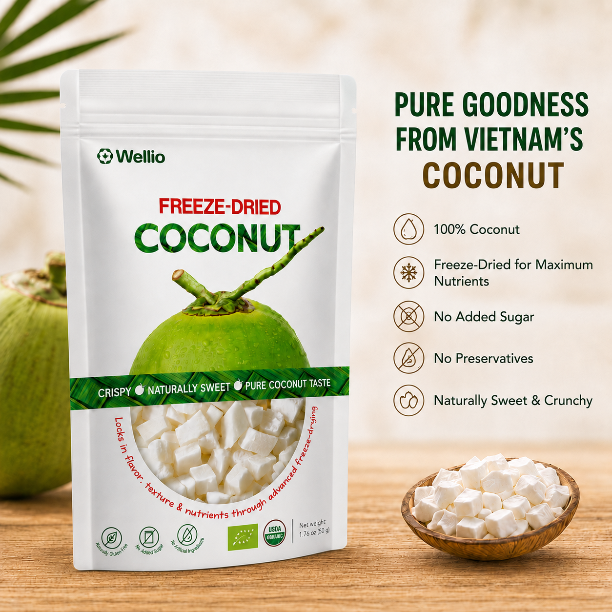 Premium Freeze Dried Coconut - 100% Real Coconut, No Sugar Added, Crunchy Tropical Snack, Keto & Vegan Friendly, Non-GMO