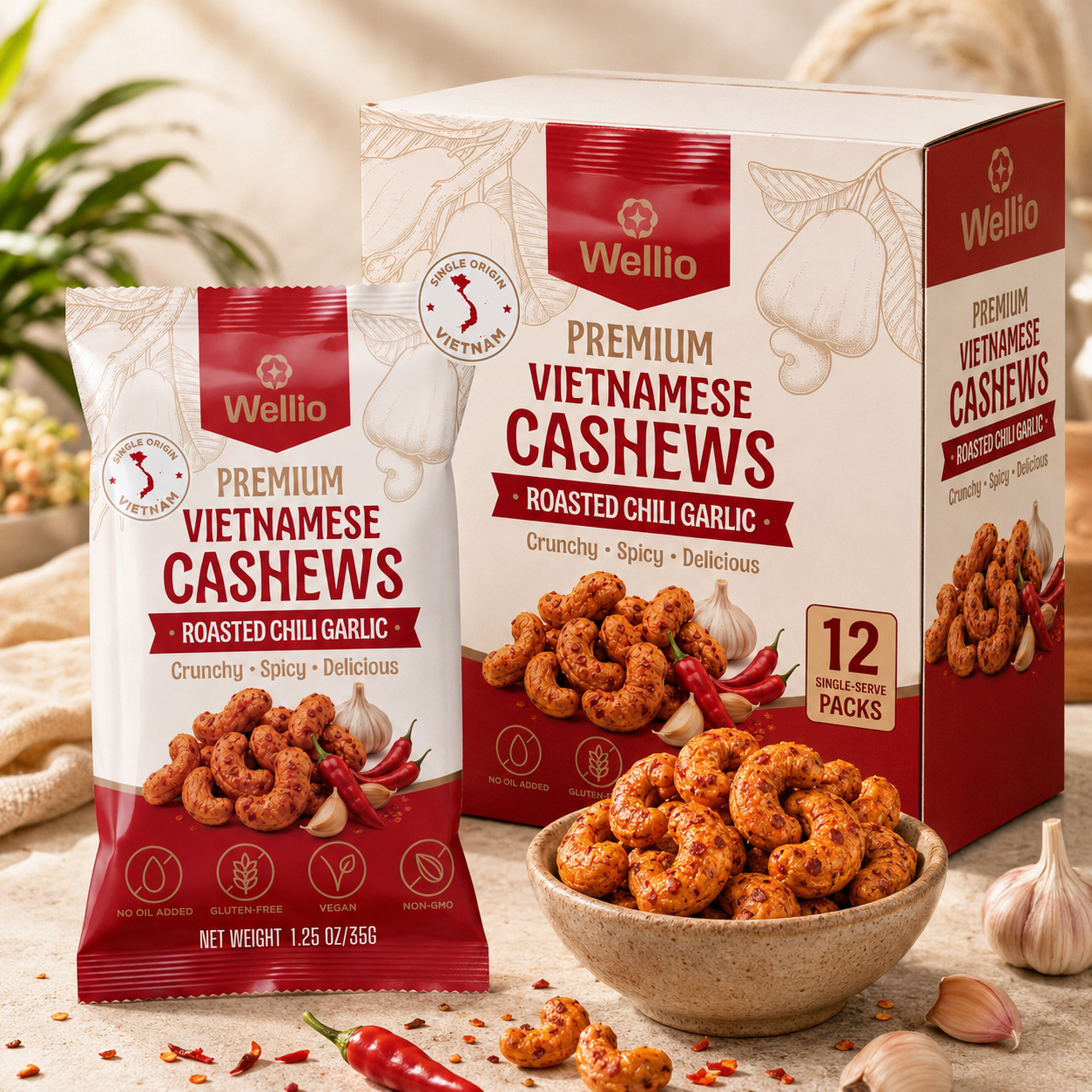 Wellio Roasted Chili Garlic Cashews – Single-Origin Binh Phuoc, Vietnam, Dry-Roasted, Vegan & Gluten-Free (12-Pack, 1.25 oz / 35g Each)