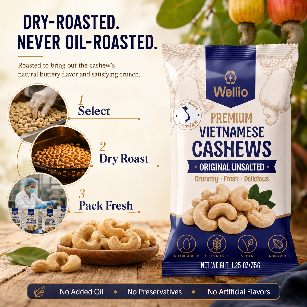 Wellio Original Unsalted Vietnamese Cashews – Dry-Roasted (Box of 12 Single-Serve Pouches, 15 oz Total)