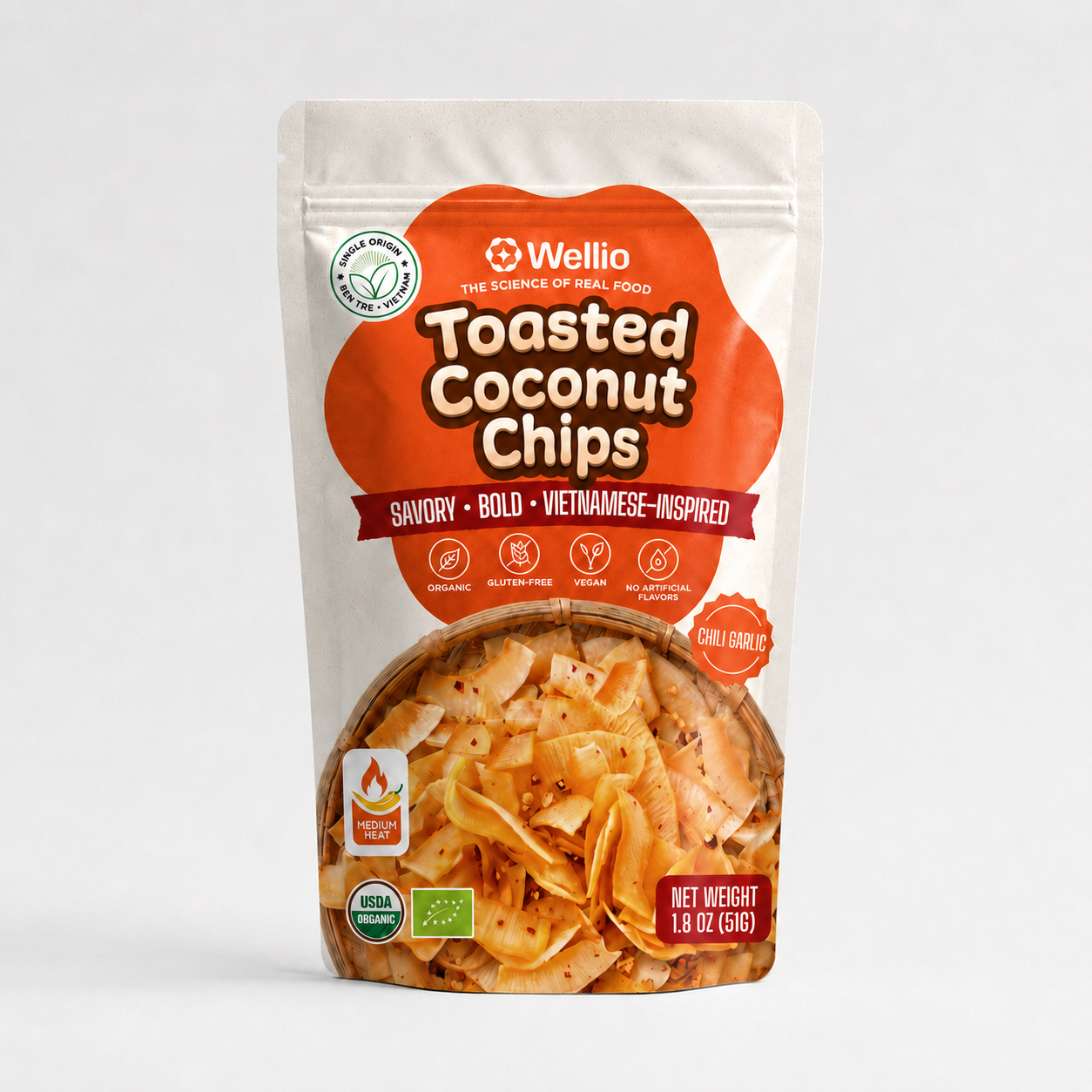 Organic Toasted Coconut Chips, Authentic Vietnamese Chili Garlic Savory Snack, Clean Label, Keto & Vegan,
