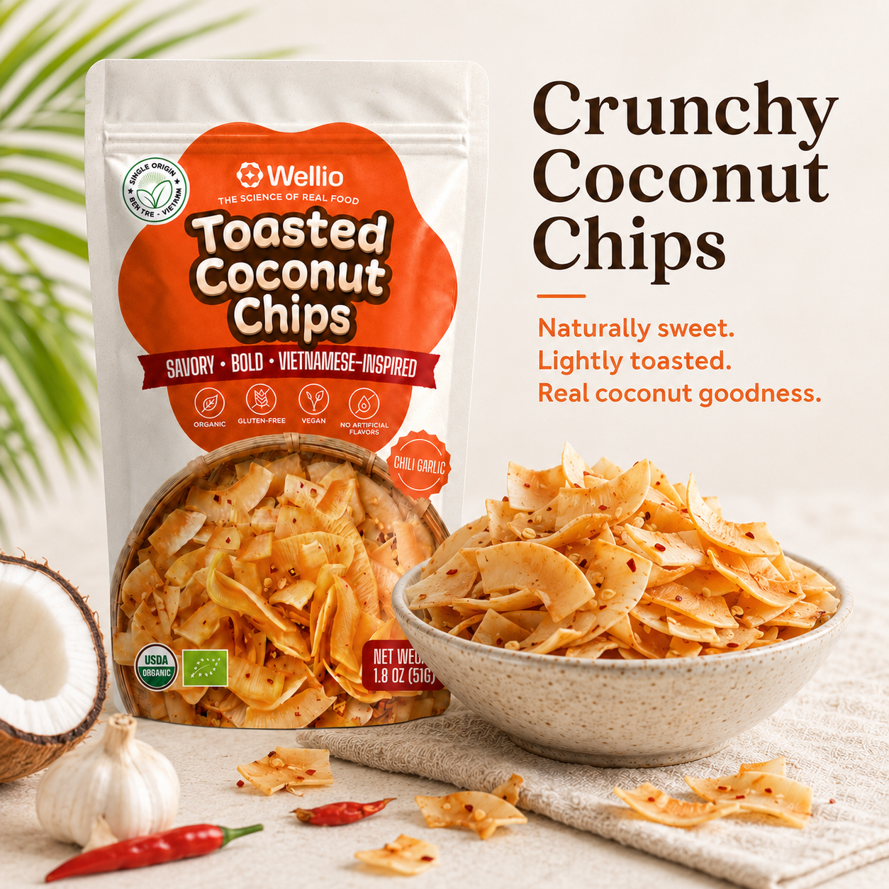 Organic Toasted Coconut Chips, Authentic Vietnamese Chili Garlic Savory Snack, Clean Label, Keto & Vegan,