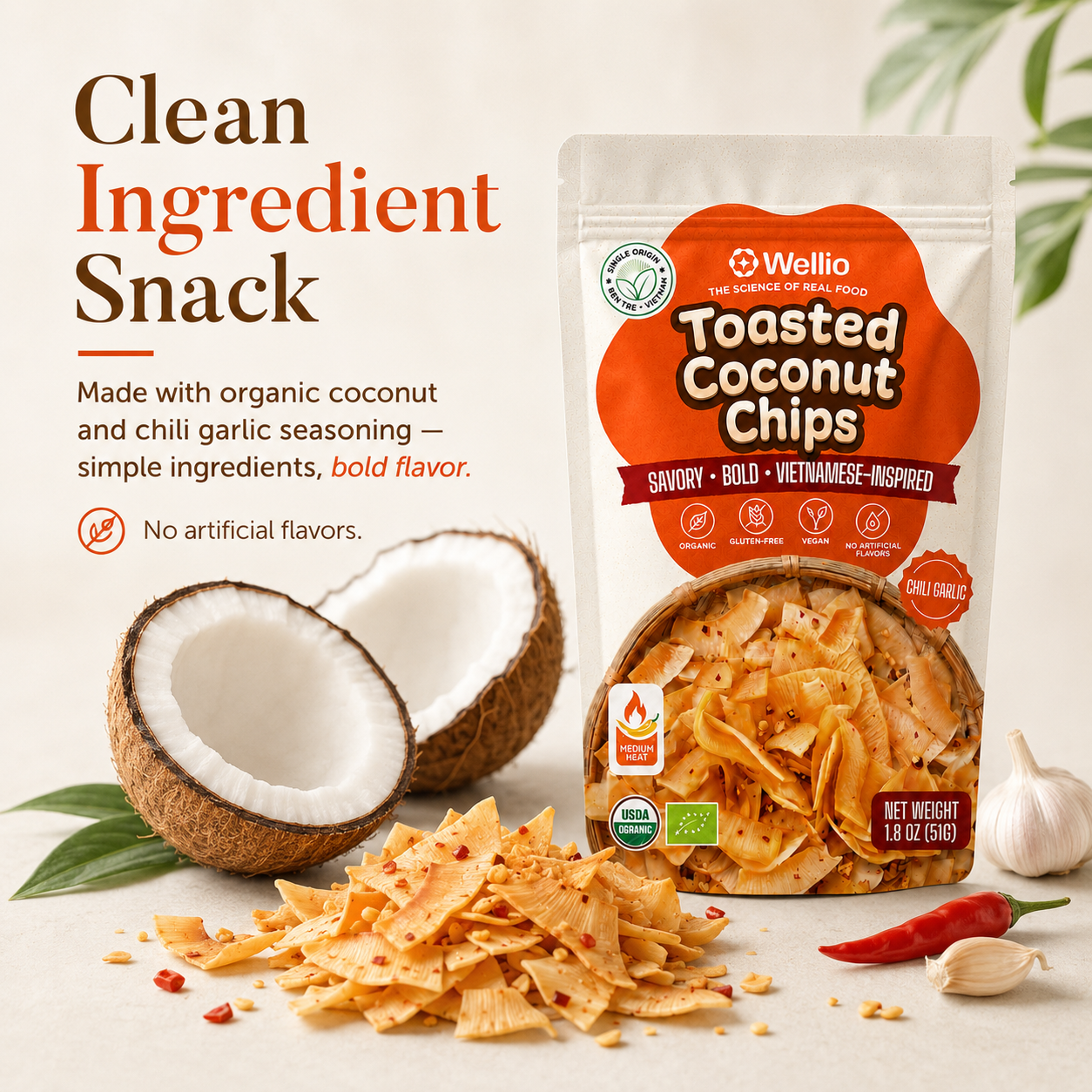 Organic Toasted Coconut Chips, Authentic Vietnamese Chili Garlic Savory Snack, Clean Label, Keto & Vegan,