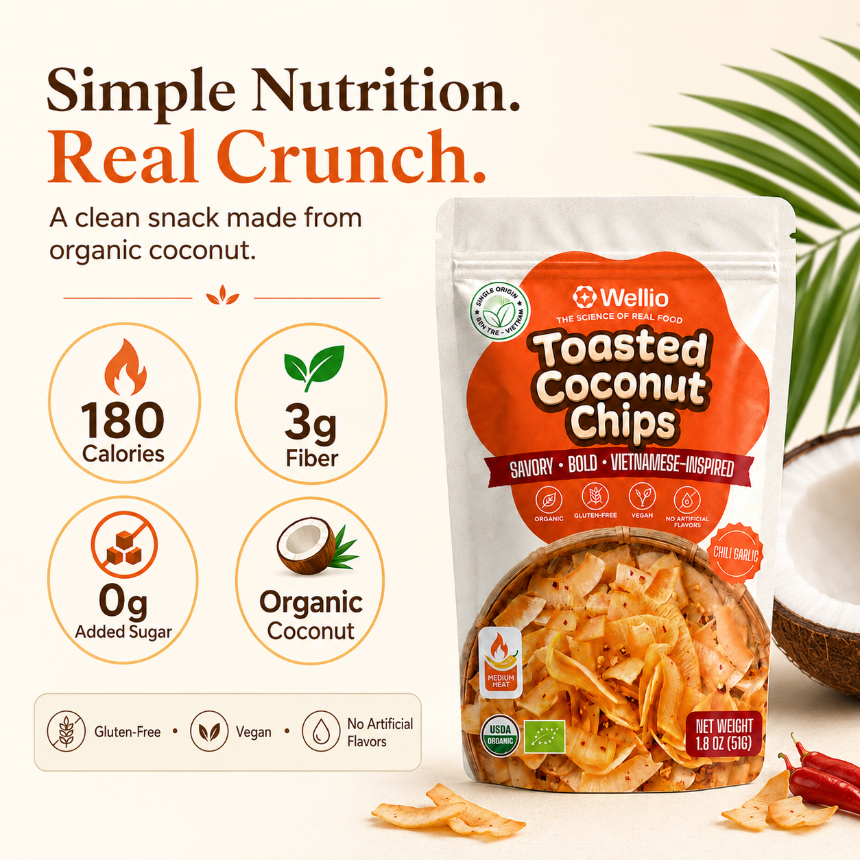 Organic Toasted Coconut Chips, Authentic Vietnamese Chili Garlic Savory Snack, Clean Label, Keto & Vegan,