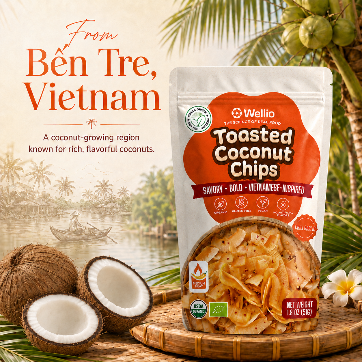 Organic Toasted Coconut Chips, Authentic Vietnamese Chili Garlic Savory Snack, Clean Label, Keto & Vegan,