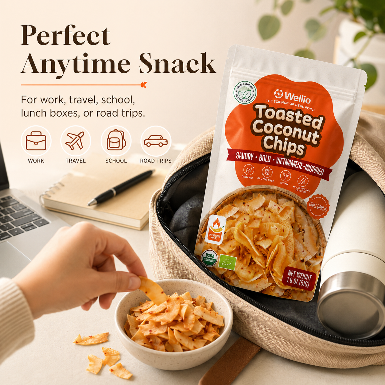 Organic Toasted Coconut Chips, Authentic Vietnamese Chili Garlic Savory Snack, Clean Label, Keto & Vegan,