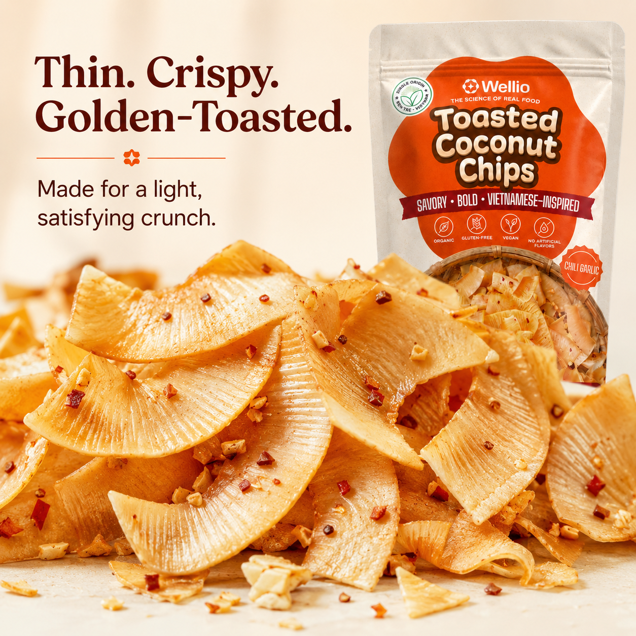 Organic Toasted Coconut Chips, Authentic Vietnamese Chili Garlic Savory Snack, Clean Label, Keto & Vegan,
