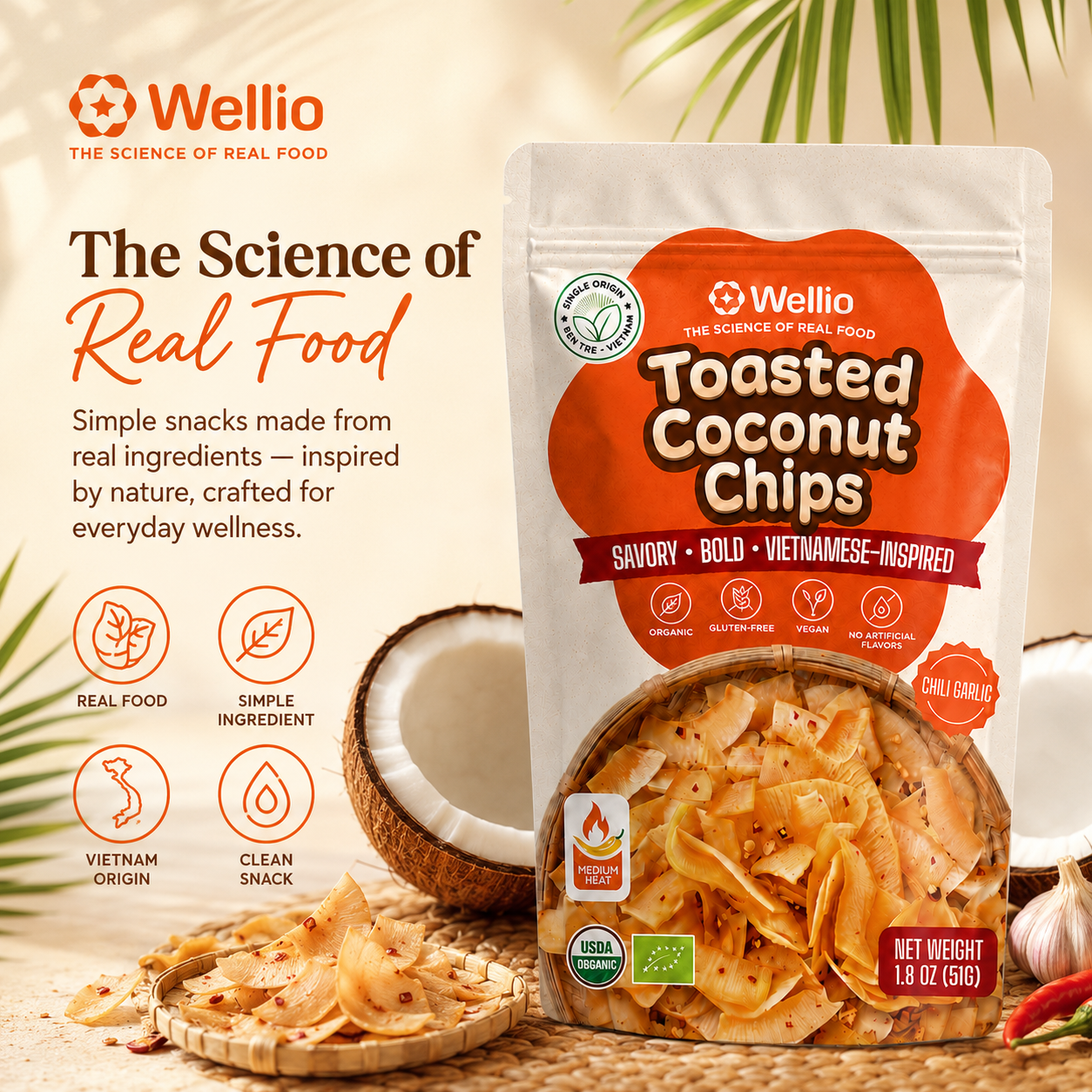 Organic Toasted Coconut Chips, Authentic Vietnamese Chili Garlic Savory Snack, Clean Label, Keto & Vegan,