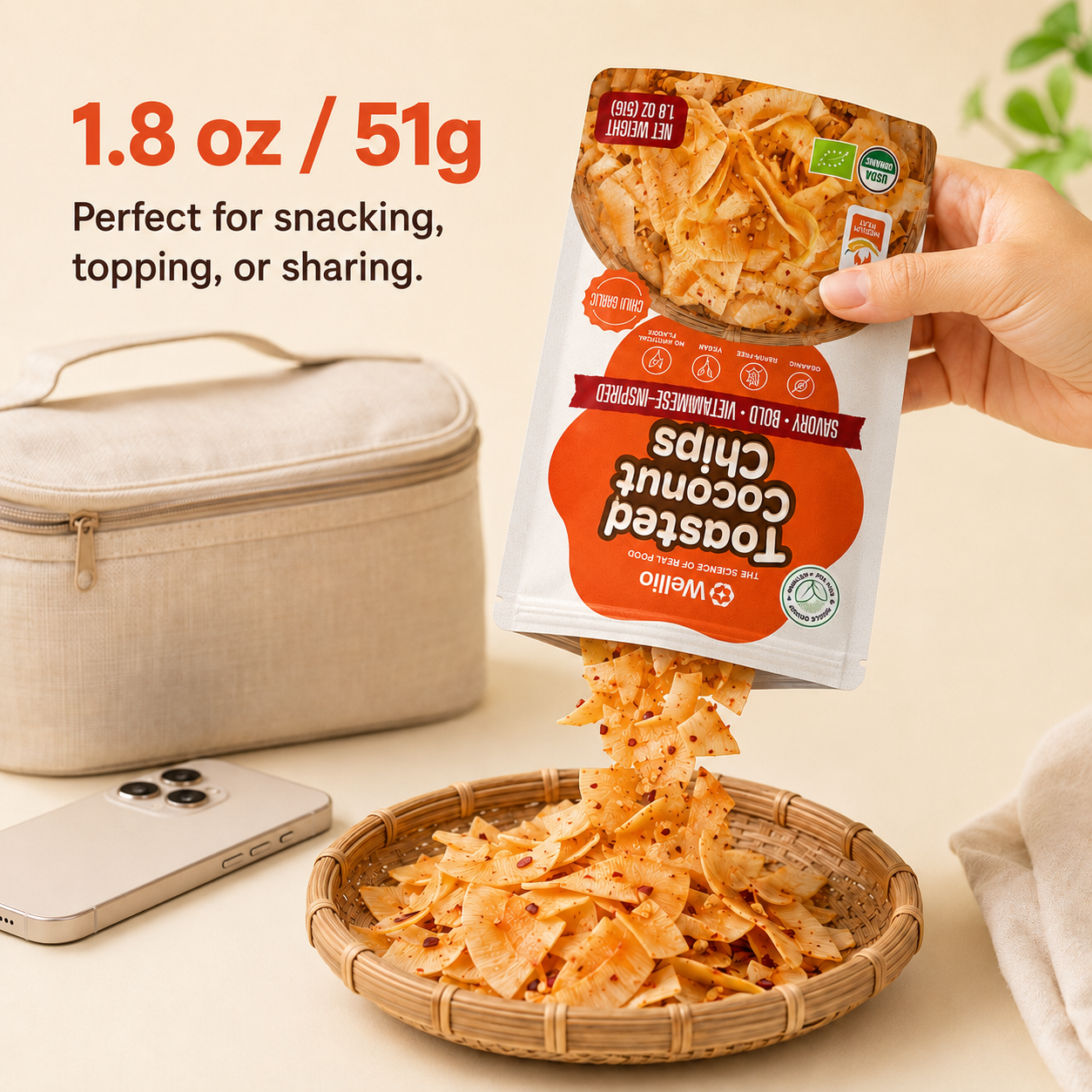 Organic Toasted Coconut Chips, Authentic Vietnamese Chili Garlic Savory Snack, Clean Label, Keto & Vegan,