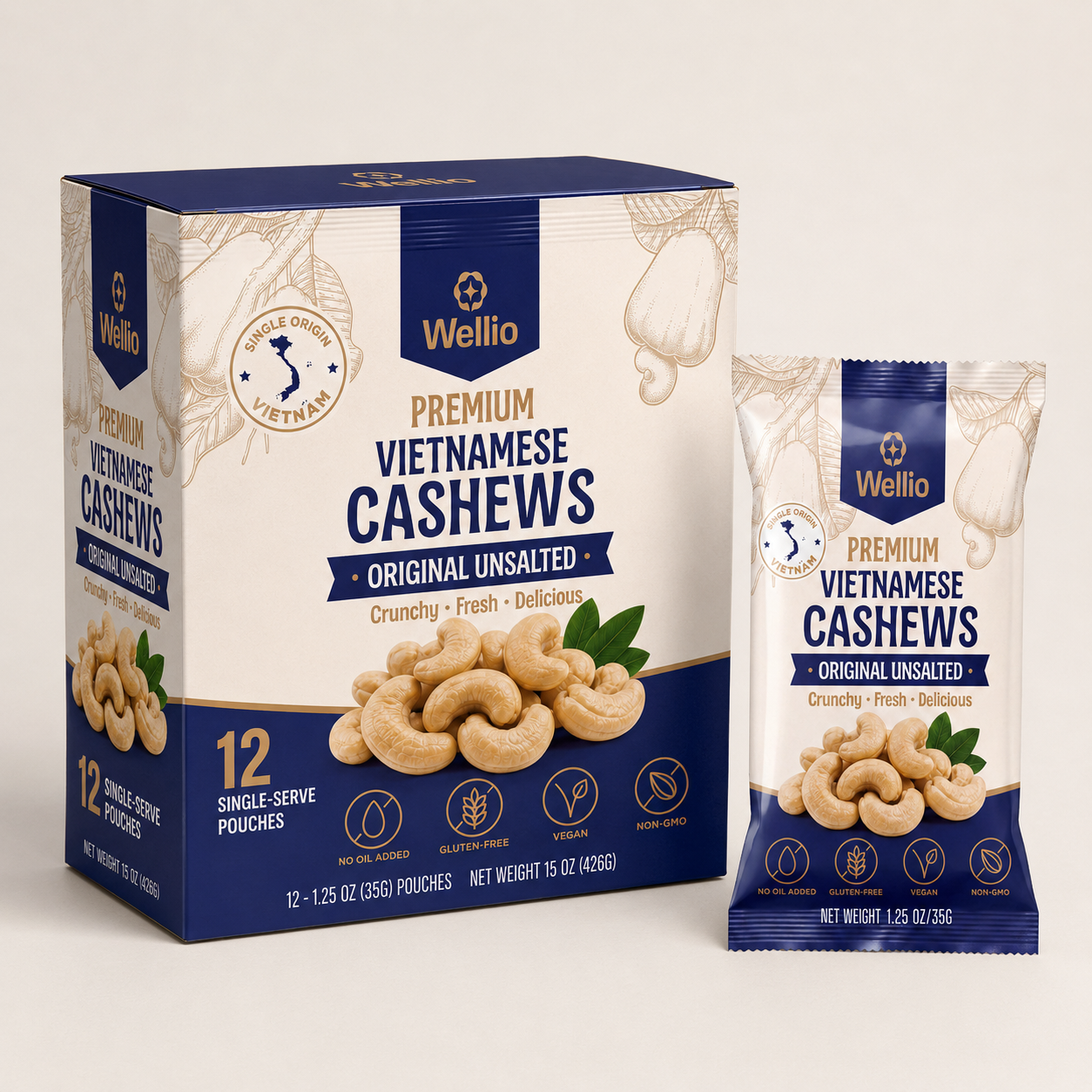 Wellio Original Unsalted Vietnamese Cashews – Dry-Roasted (Box of 12 Single-Serve Pouches, 15 oz Total)