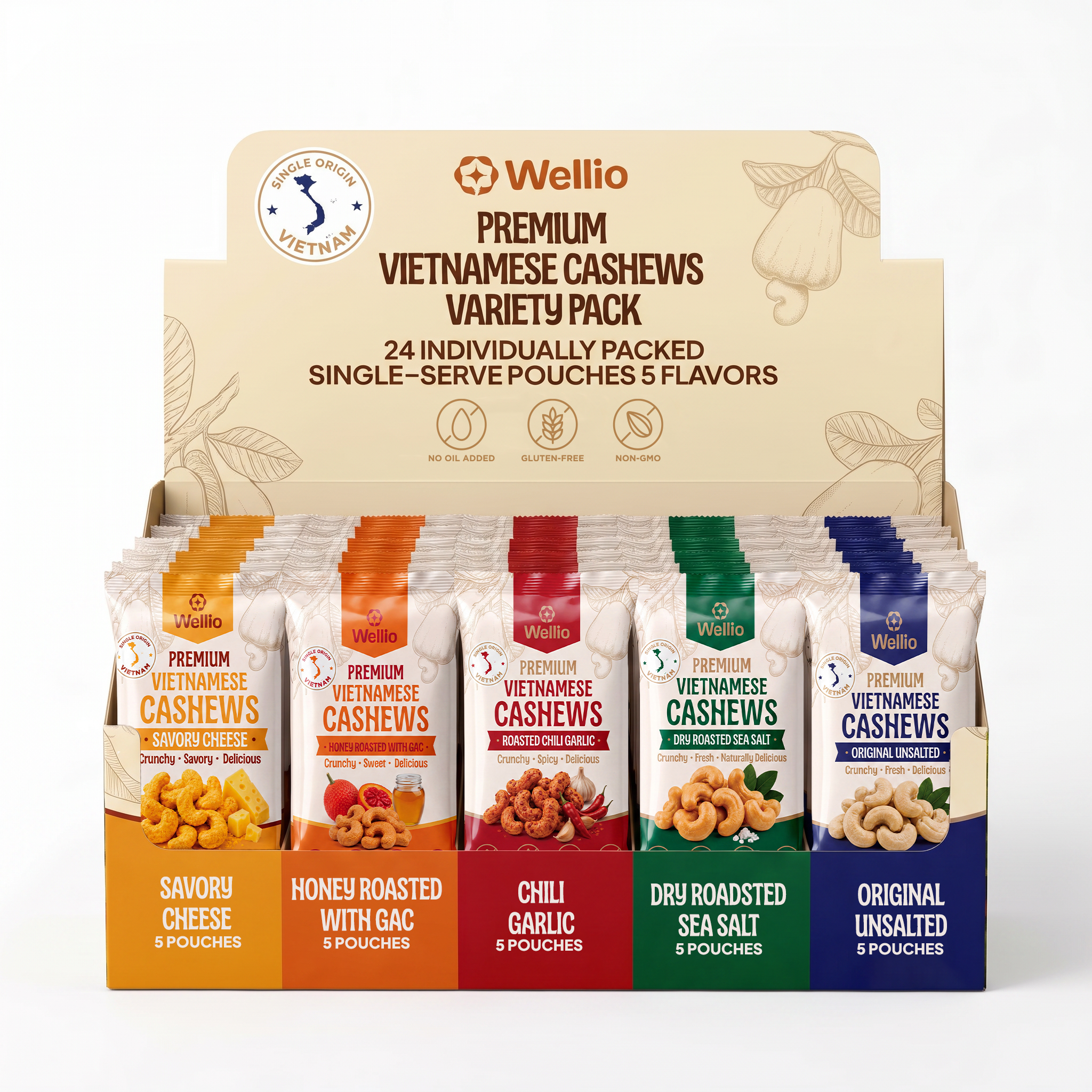 Wellio Premium Vietnamese Cashews - Variety Box (24 Individual Pouches, 1.25oz (35g)/each Pouch) – 5 Gourmet Roasted Flavors: Savory Cheese, Chili Garlic, Lightly Sea Salt, Honey With Gac & Original Unsalted –  Gluten-Free Healthy Snack Box