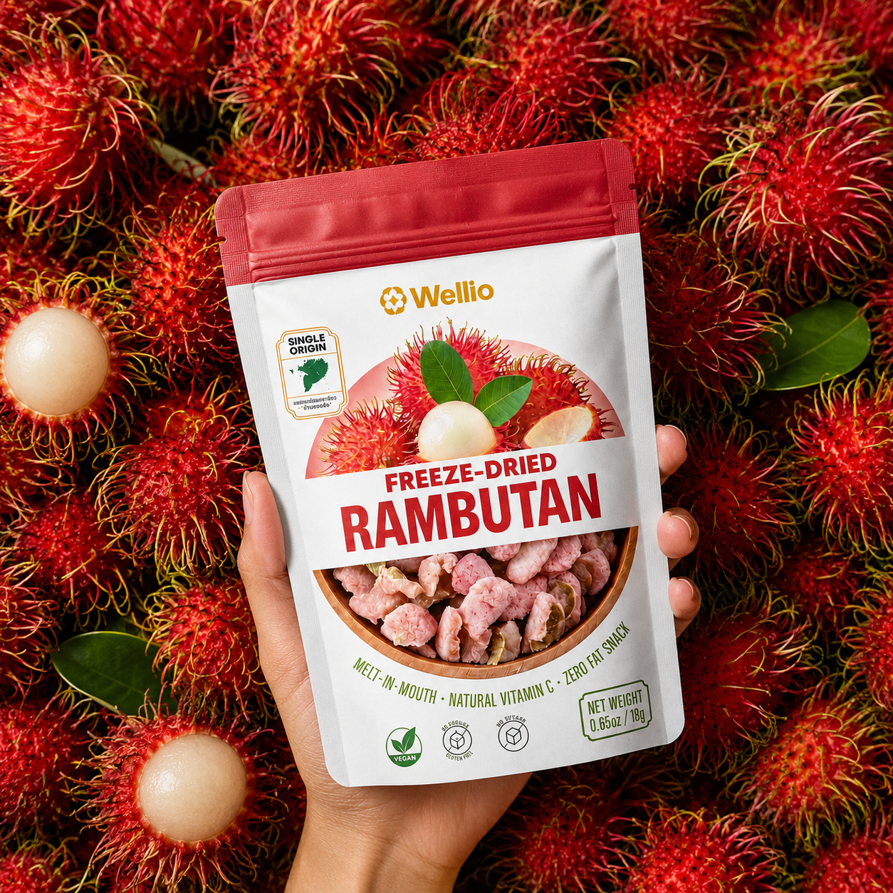 Wellio Freeze-Dried Rambutan Snacks – 100% Real Single-Origin Tropical Fruit, No Added Sugar, Vegan & Gluten-Free (6 Individual Pouches, 3.9 oz)