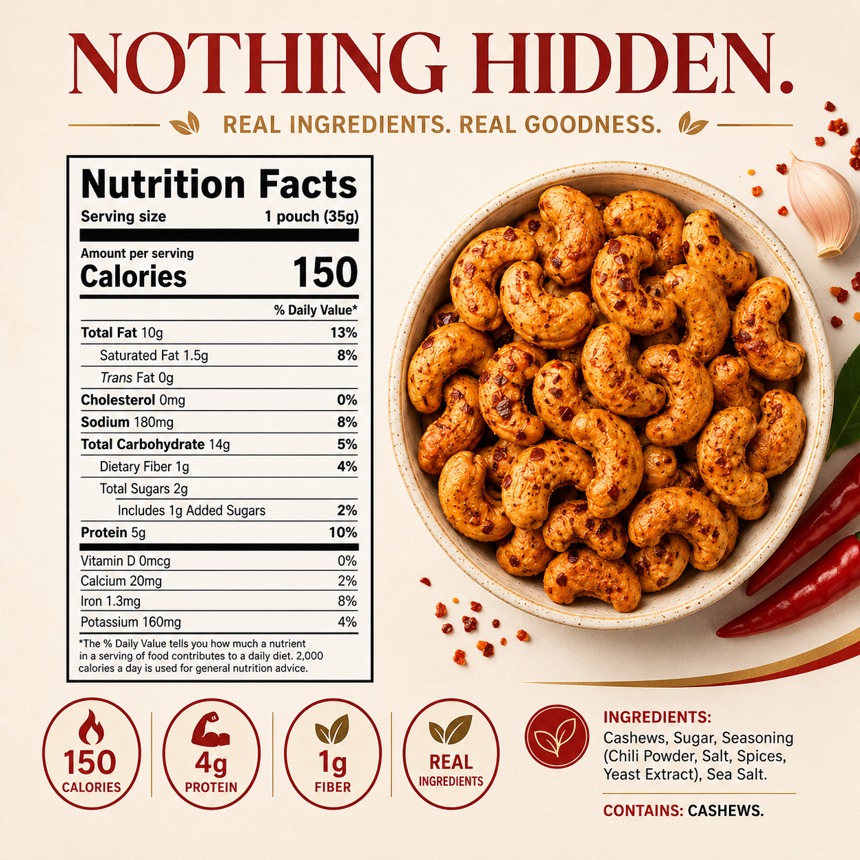 Wellio Roasted Chili Garlic Cashews – Single-Origin Binh Phuoc, Vietnam, Dry-Roasted, Vegan & Gluten-Free (12-Pack, 1.25 oz / 35g Each)