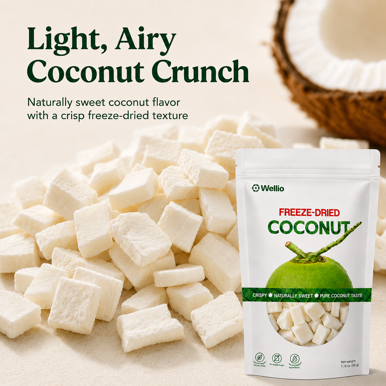 Premium Freeze-Dried Coconut – 3 Individually Packed Pouches (1.76 oz each)