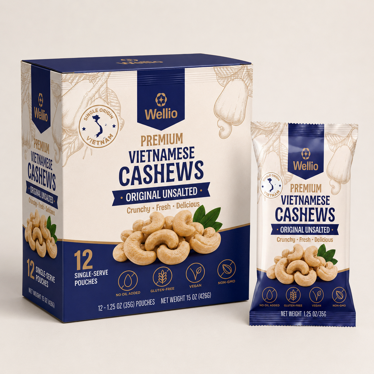Wellio Dry-Roasted Unsalted Cashews – 12 Single-Serve Packs (1.25 oz each)