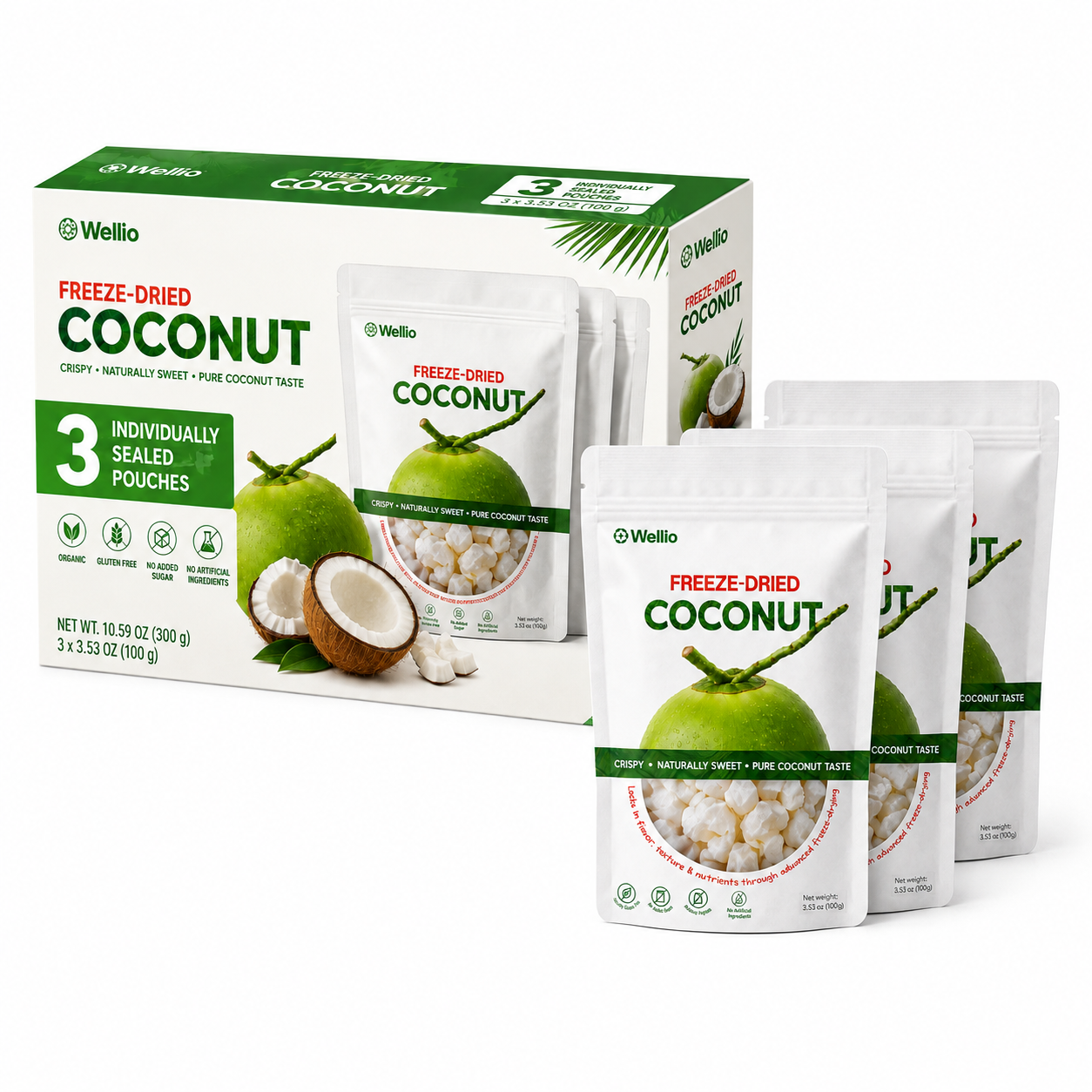 Freeze-Dried Coconut, 3 Individual 3.53 oz Pouches, Naturally Sweet Coconut Snack, No Added Sugar