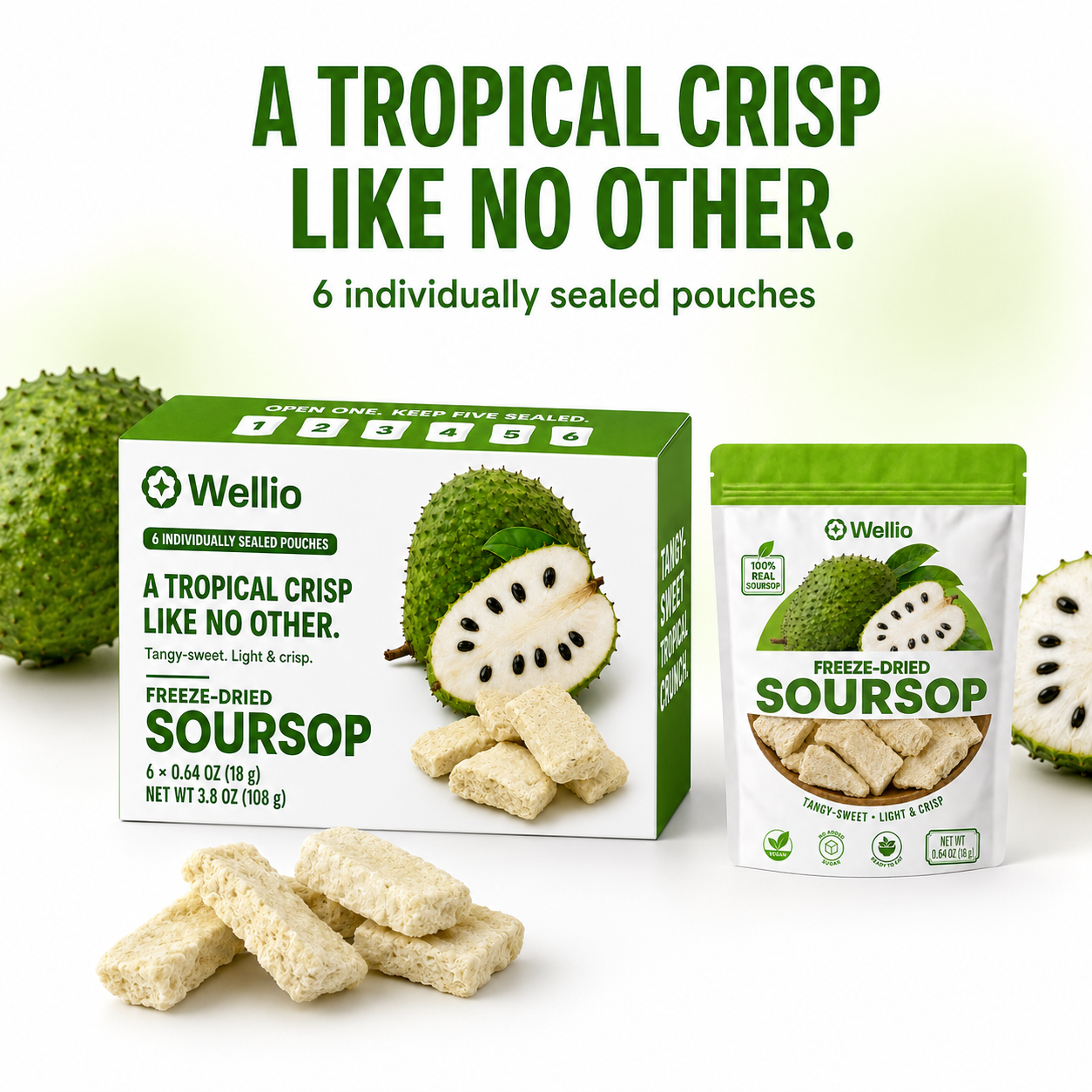 Freeze-Dried Soursop — Six-Pouch Conversion Close, Tangy-Sweet Tropical Crisps, 100% Real Fruit, No Added Sugar