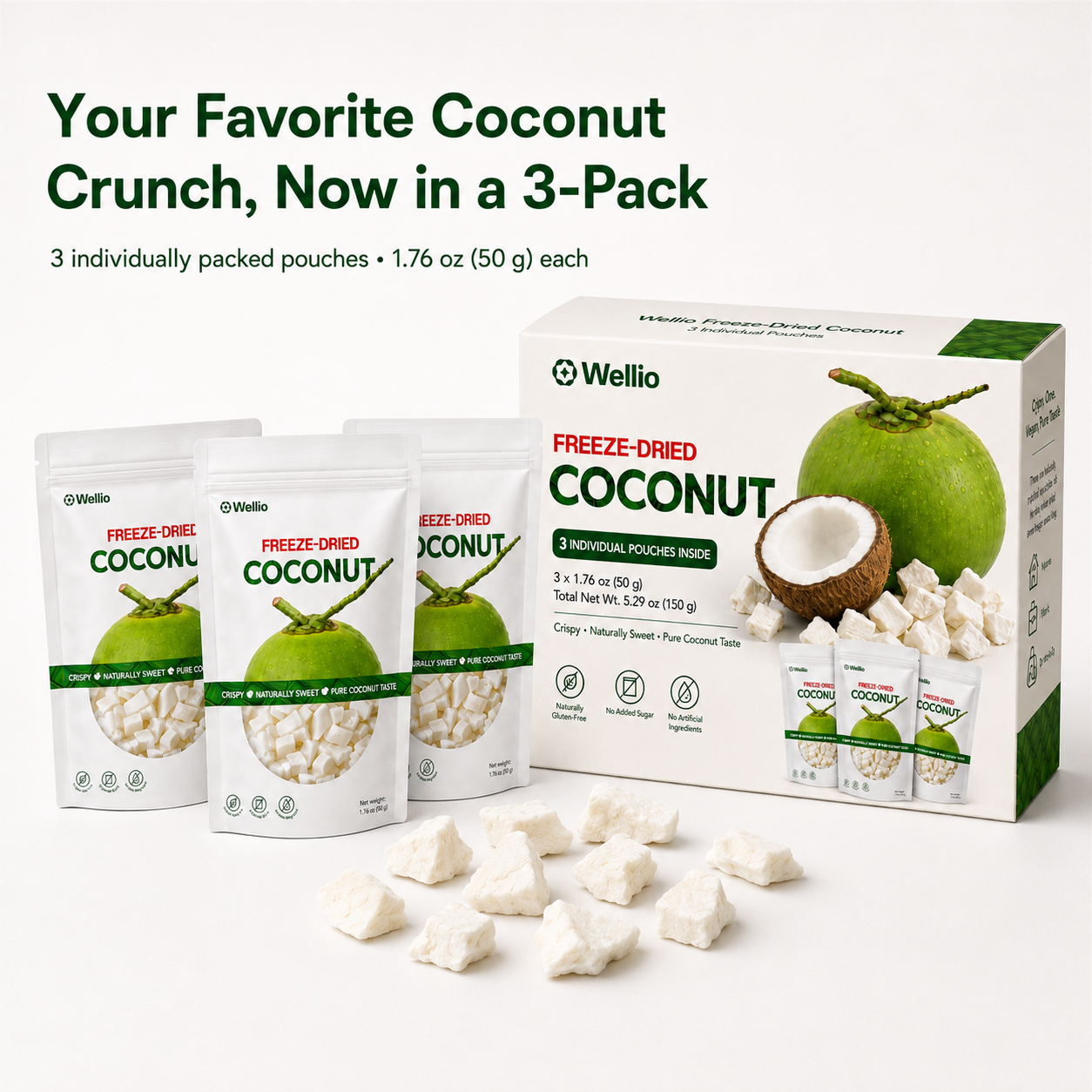 Premium Freeze-Dried Coconut – 3 Individually Packed Pouches (1.76 oz each)