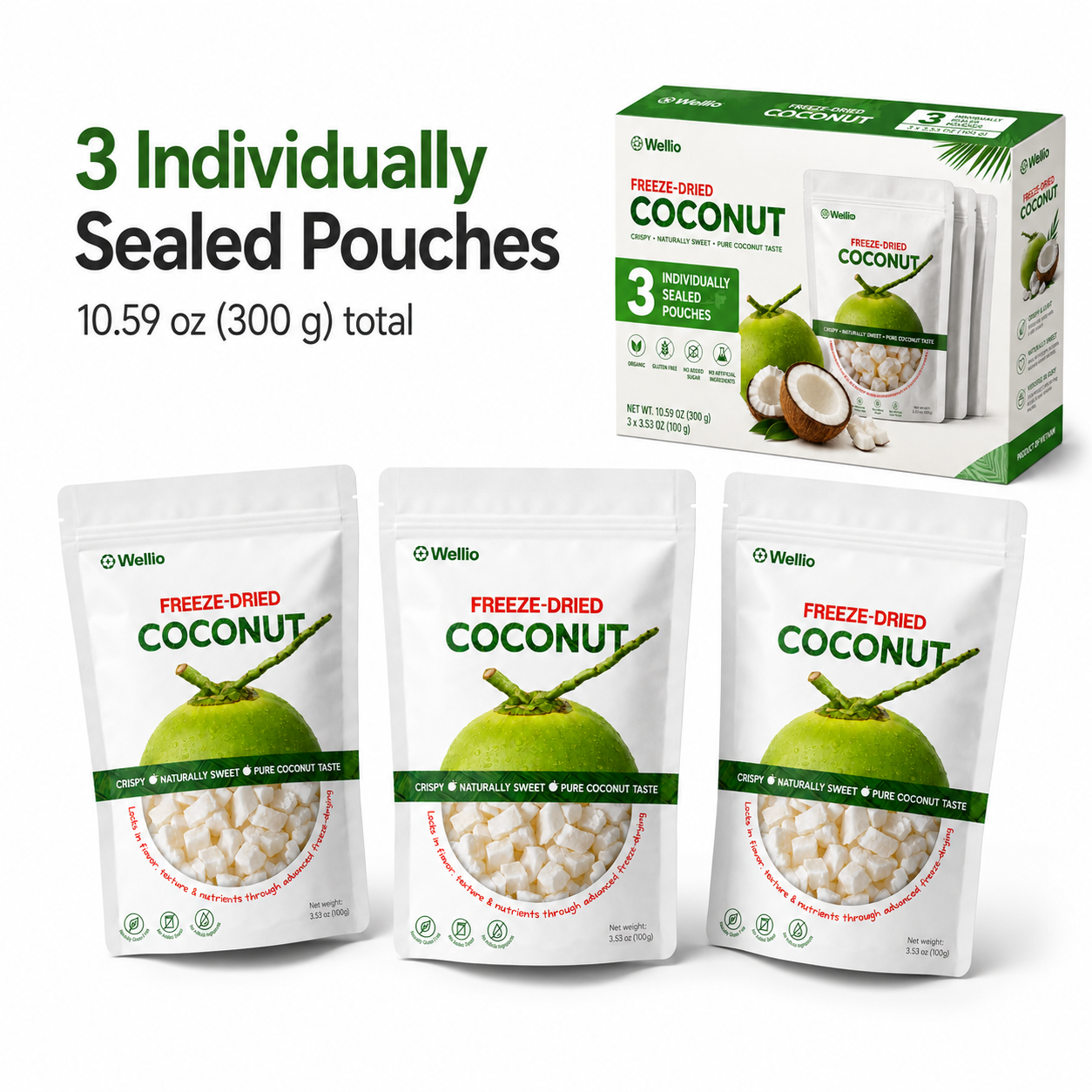 Freeze-Dried Coconut, 3 Individual 3.53 oz Pouches, Naturally Sweet Coconut Snack, No Added Sugar