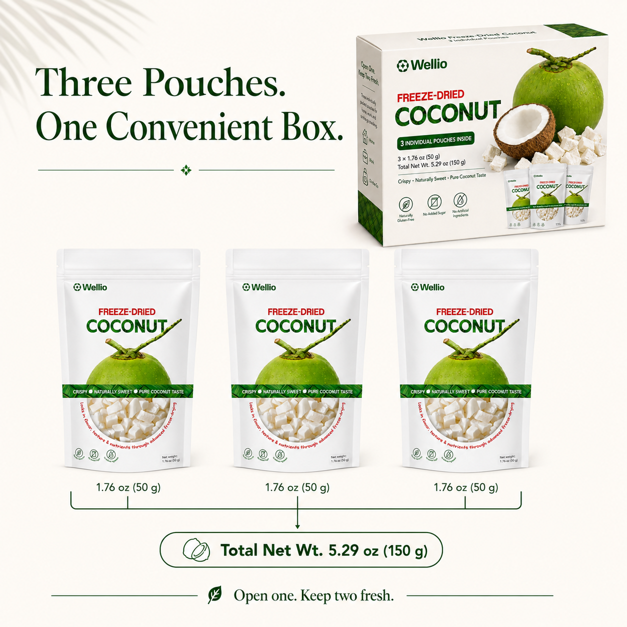Premium Freeze-Dried Coconut – 3 Individually Packed Pouches (1.76 oz each)