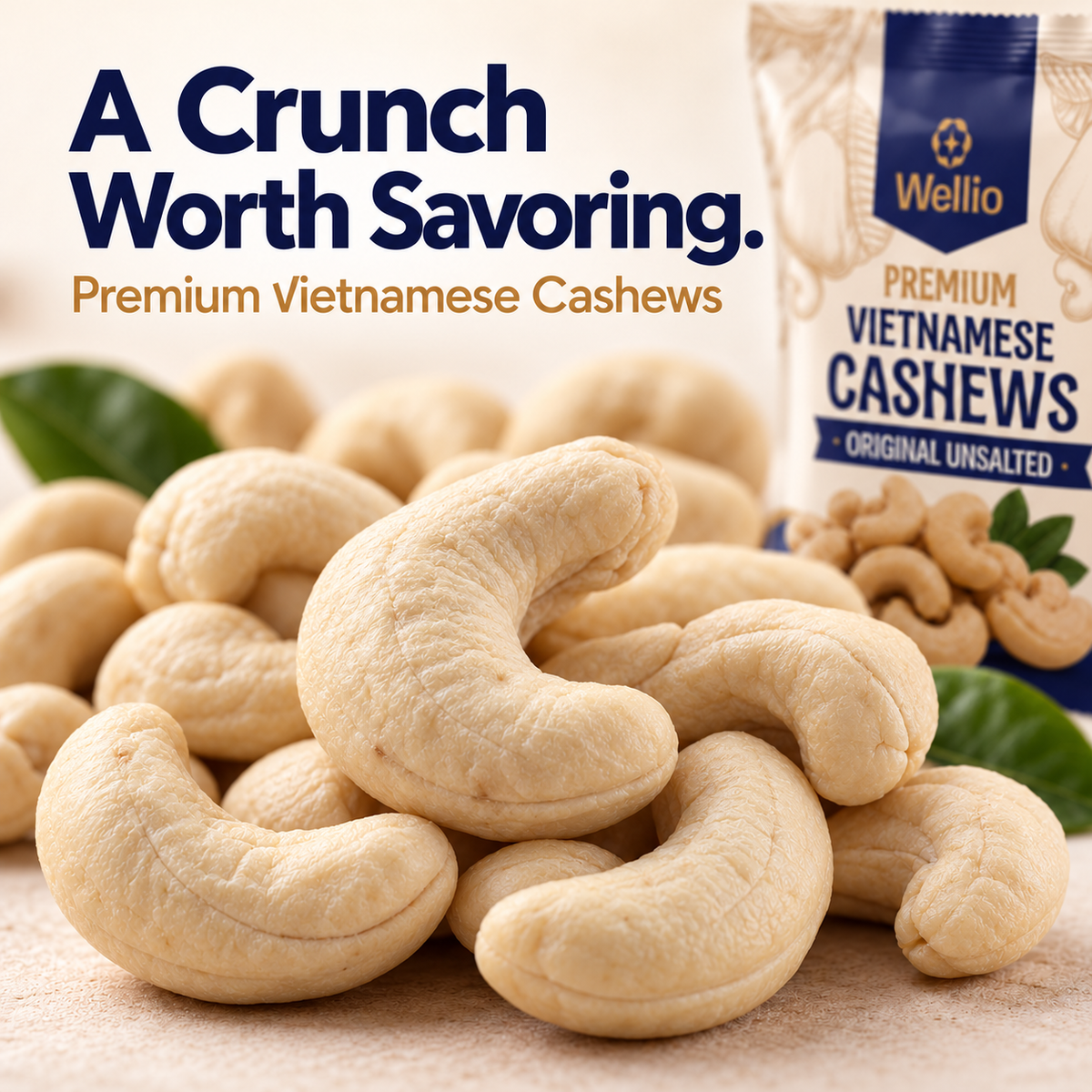 Wellio Dry-Roasted Unsalted Cashews – 12 Single-Serve Packs (1.25 oz each)