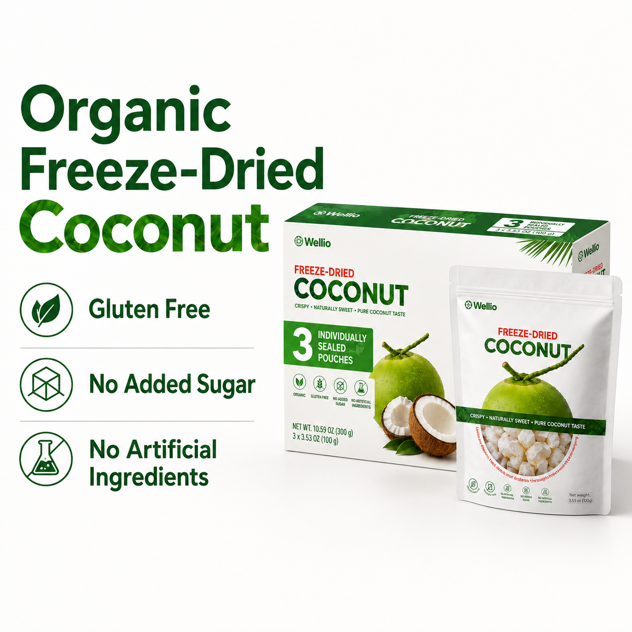 Freeze-Dried Coconut, 3 Individual 3.53 oz Pouches, Naturally Sweet Coconut Snack, No Added Sugar