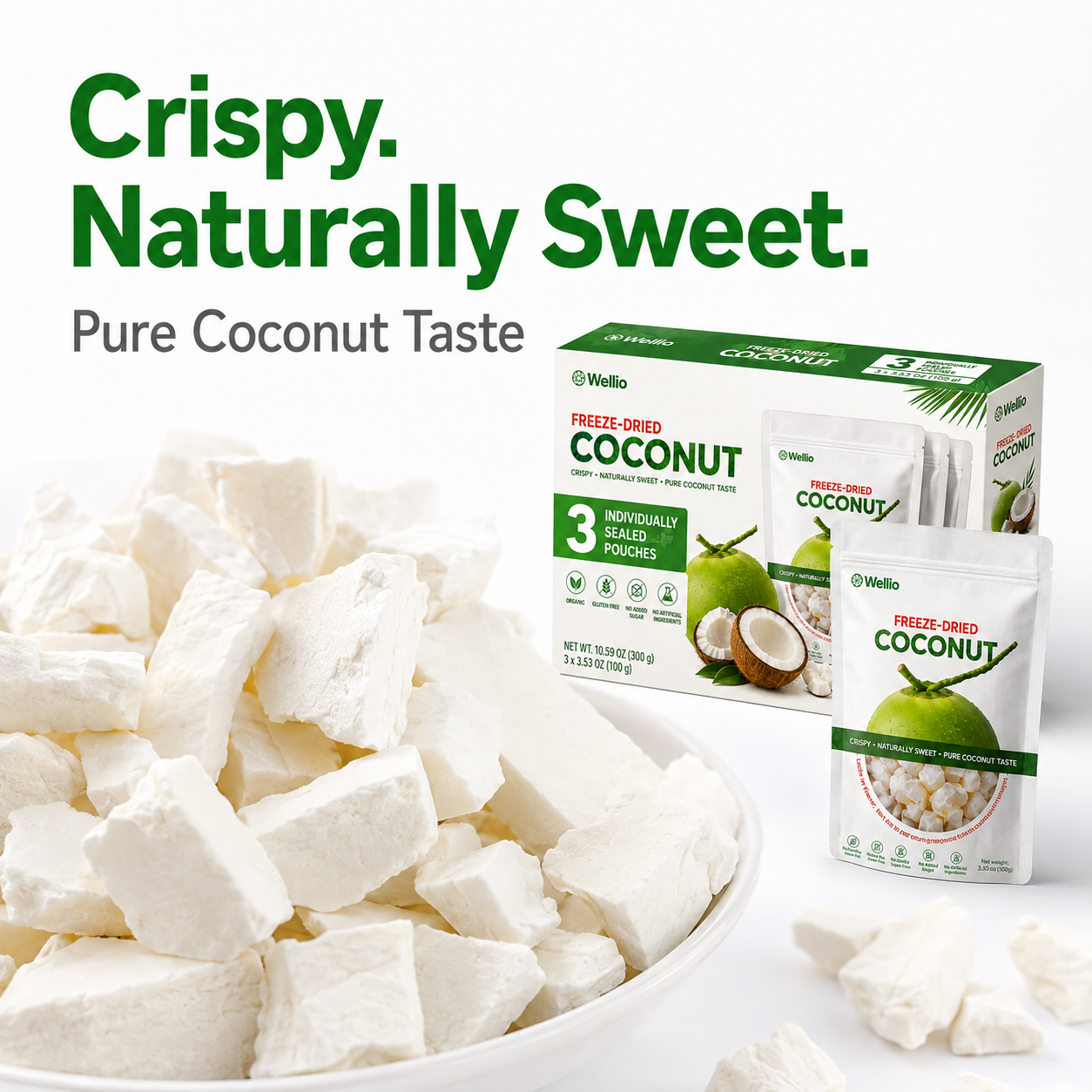 Freeze-Dried Coconut, 3 Individual 3.53 oz Pouches, Naturally Sweet Coconut Snack, No Added Sugar