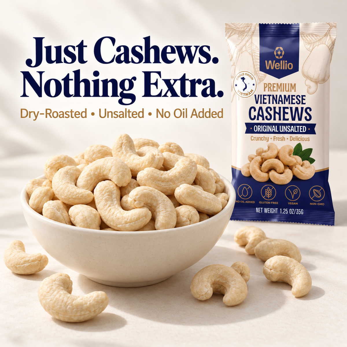 Wellio Dry-Roasted Unsalted Cashews – 12 Single-Serve Packs (1.25 oz each)