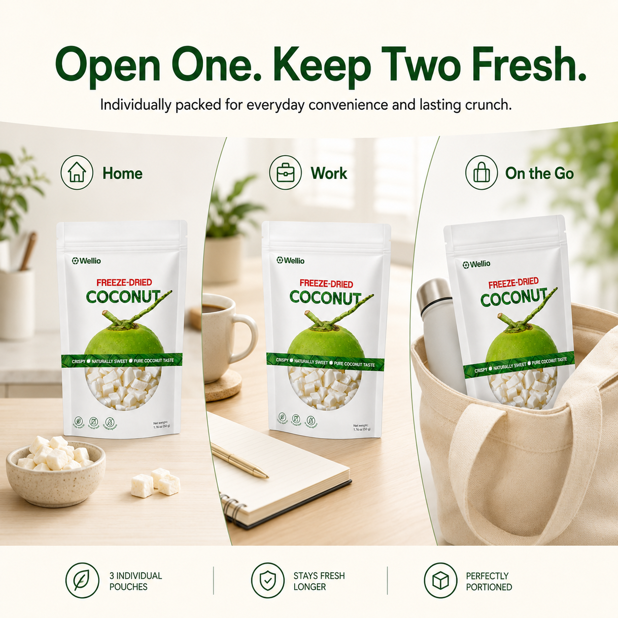 Premium Freeze-Dried Coconut – 3 Individually Packed Pouches (1.76 oz each)