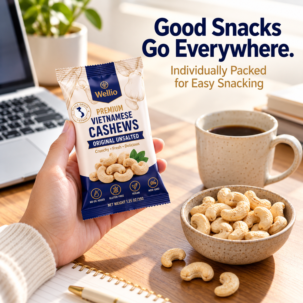 Wellio cashew pouch at a desk with coffee