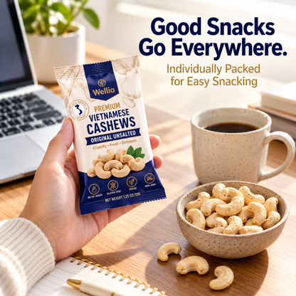Wellio Dry-Roasted Unsalted Cashews – 12 Single-Serve Packs (1.25 oz each)