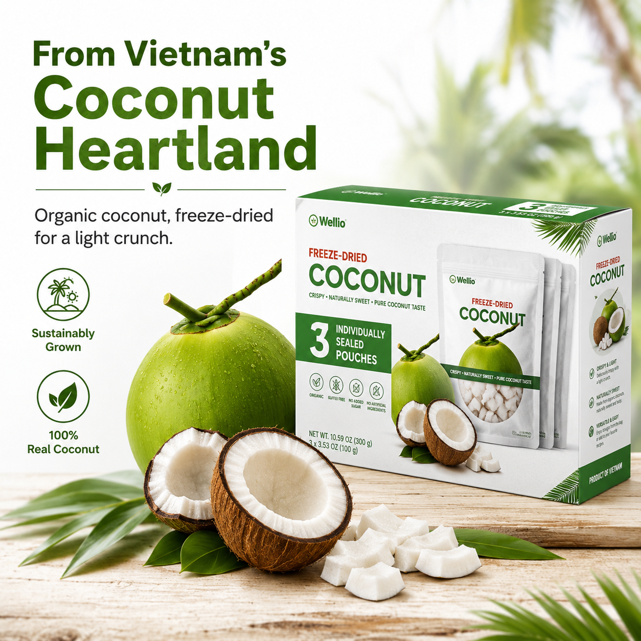 Freeze-Dried Coconut, 3 Individual 3.53 oz Pouches, Naturally Sweet Coconut Snack, No Added Sugar