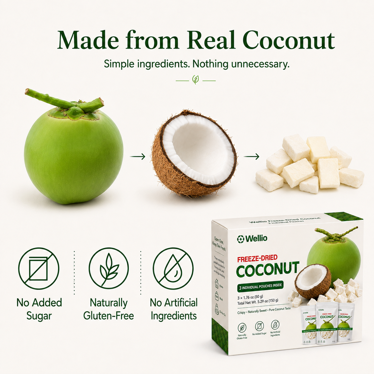 Premium Freeze-Dried Coconut – 3 Individually Packed Pouches (1.76 oz each)