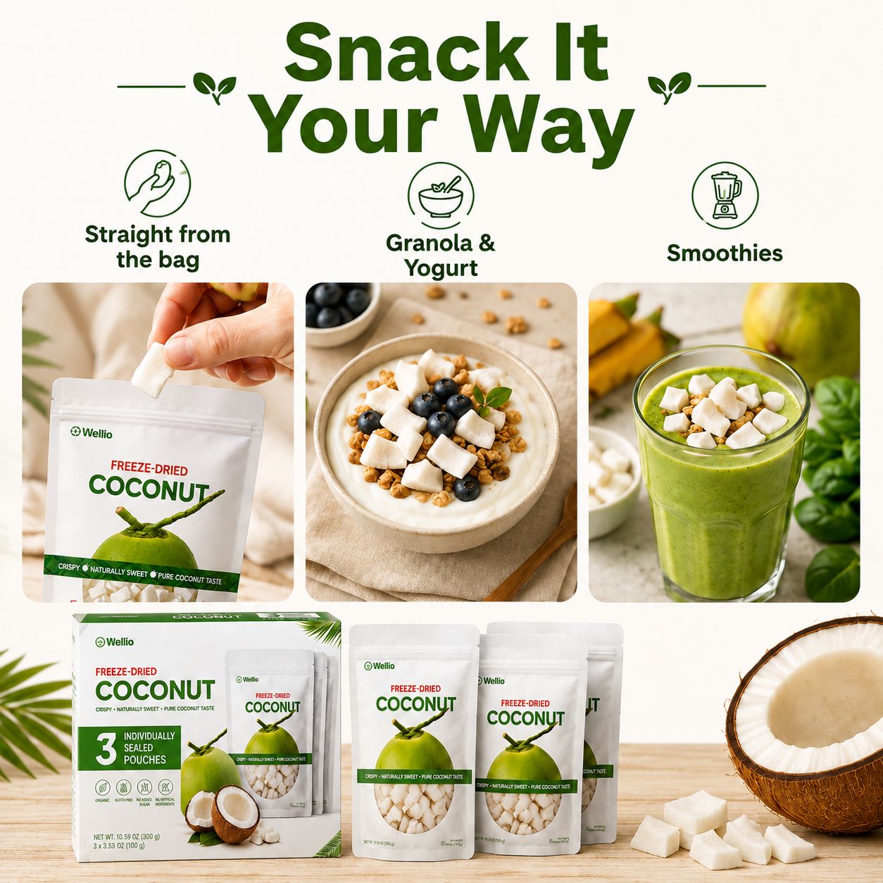 Freeze-Dried Coconut, 3 Individual 3.53 oz Pouches, Naturally Sweet Coconut Snack, No Added Sugar