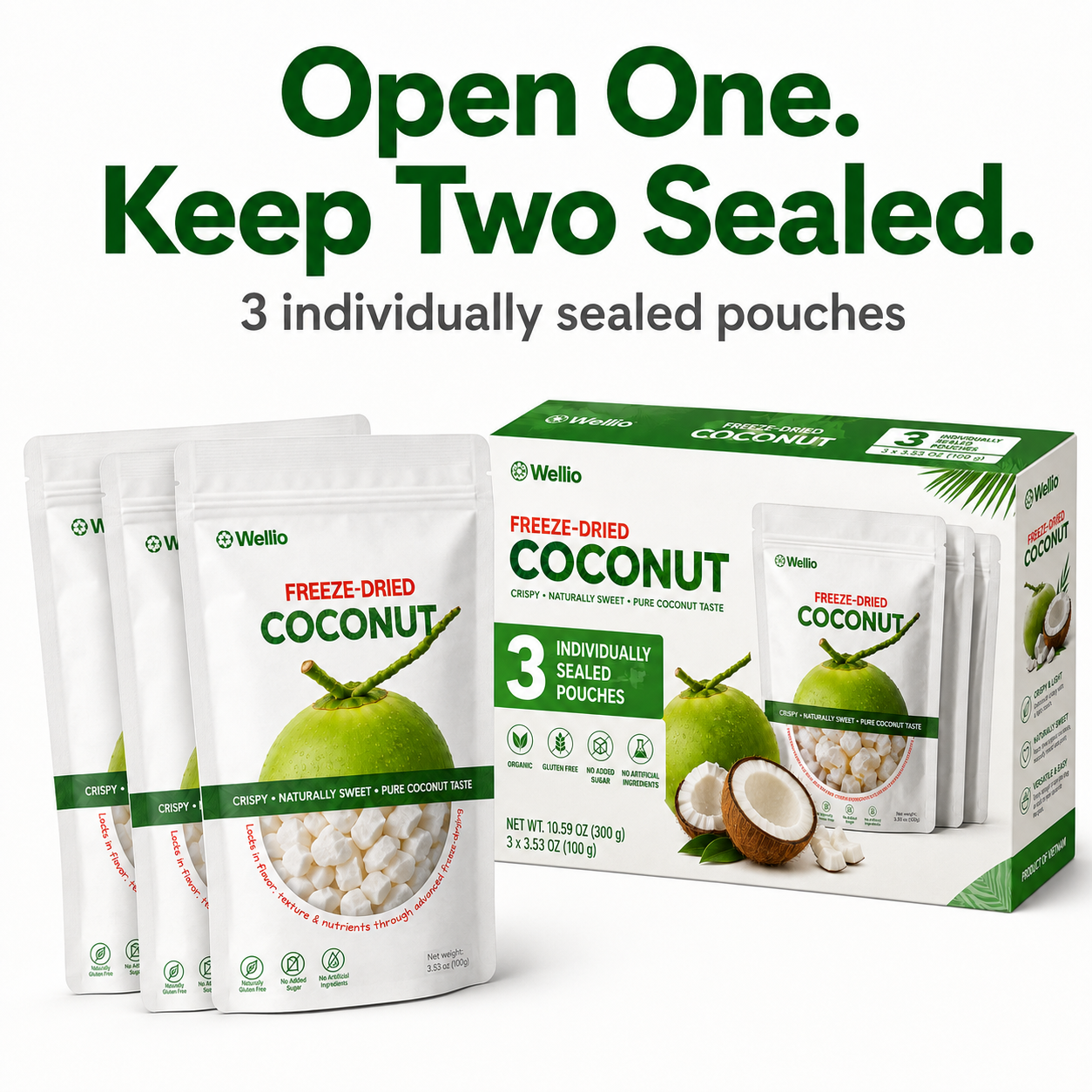 Freeze-Dried Coconut, 3 Individual 3.53 oz Pouches, Naturally Sweet Coconut Snack, No Added Sugar