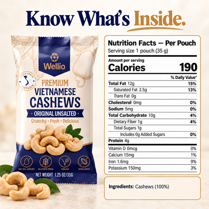 Wellio Dry-Roasted Unsalted Cashews – 12 Single-Serve Packs (1.25 oz each)