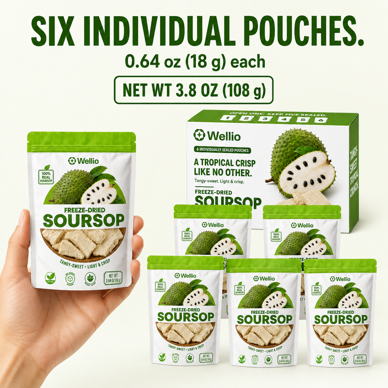 Freeze-Dried Soursop — Six-Pouch Conversion Close, Tangy-Sweet Tropical Crisps, 100% Real Fruit, No Added Sugar