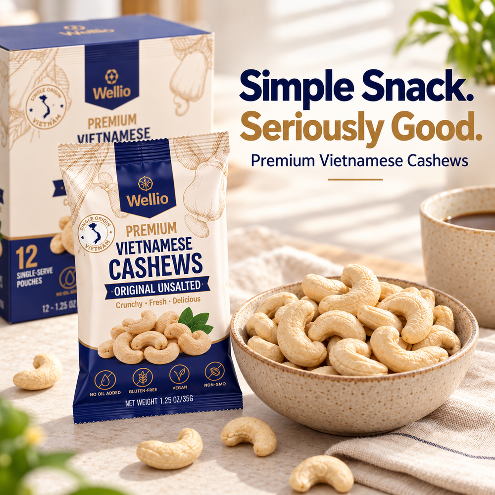 Bowl of Wellio cashews next to a single-serve pouch
