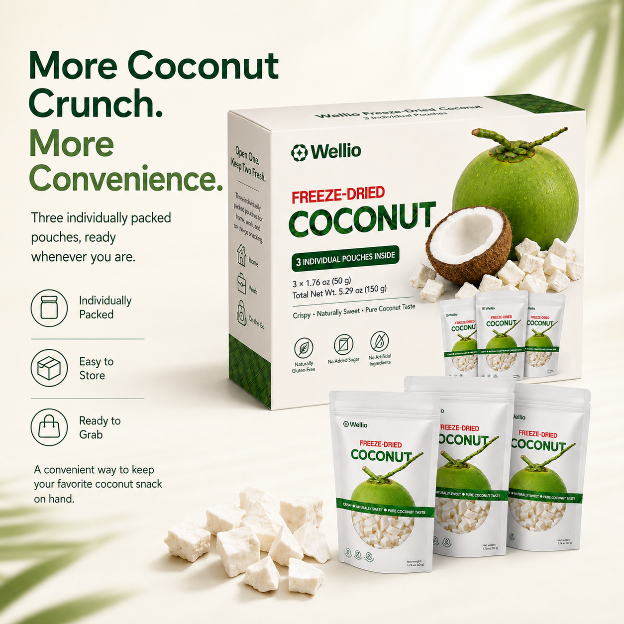 Premium Freeze-Dried Coconut – 3 Individually Packed Pouches (1.76 oz each)