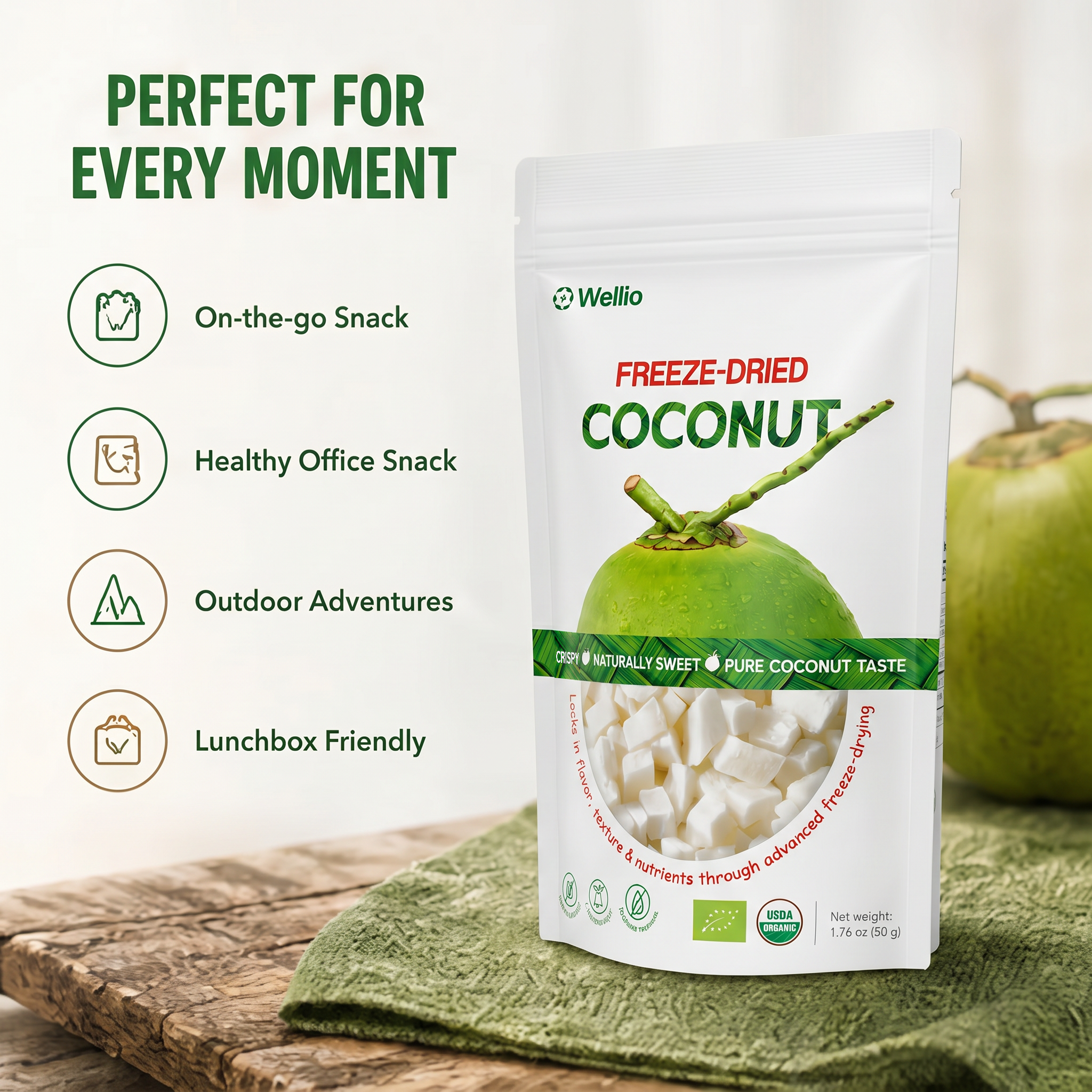 Premium Freeze Dried Coconut - 100% Real Coconut, No Sugar Added, Crunchy Tropical Snack, Keto & Vegan Friendly, Non-GMO