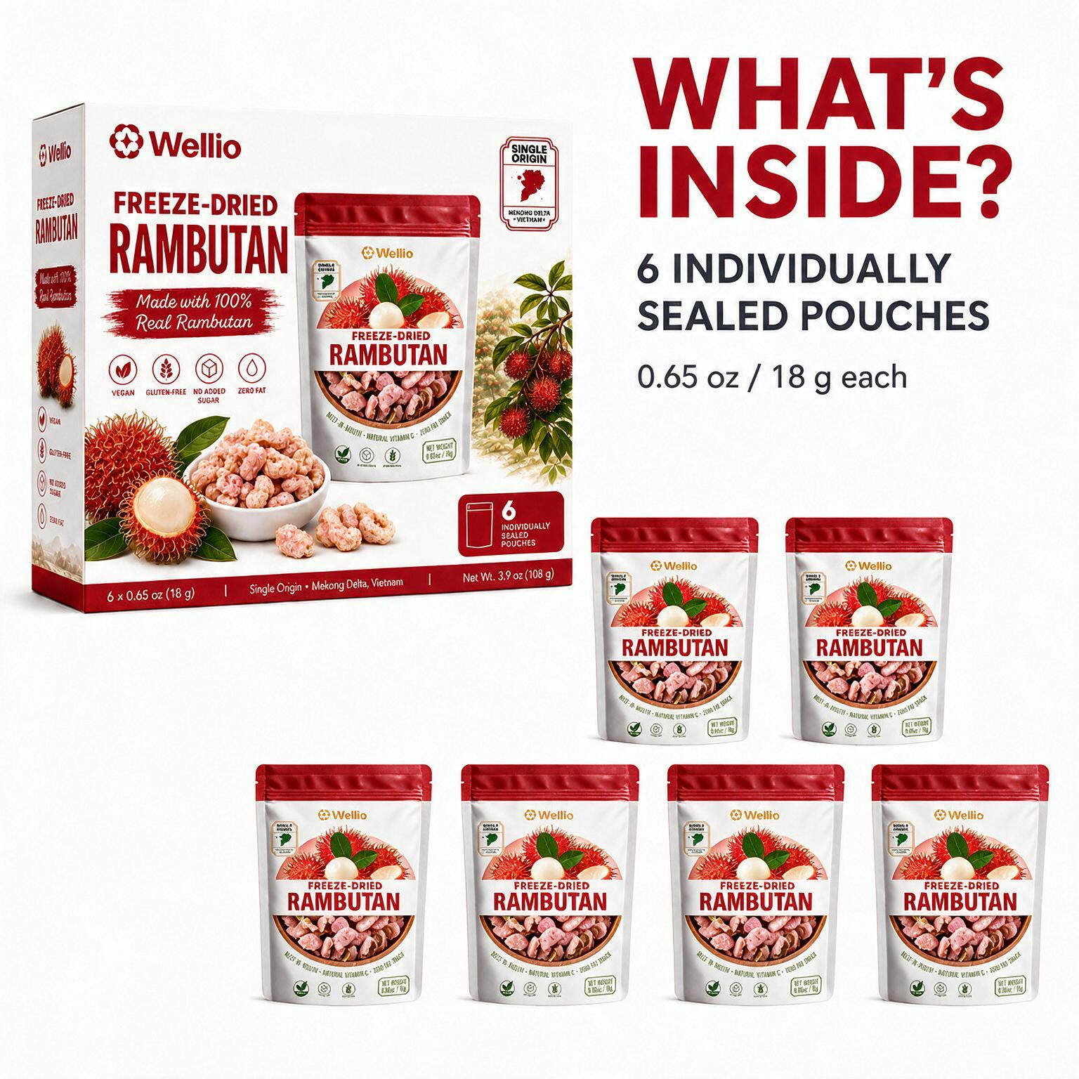 Wellio Freeze-Dried Rambutan Snacks – 100% Real Single-Origin Tropical Fruit, No Added Sugar, Vegan & Gluten-Free (6 Individual Pouches, 3.9 oz)