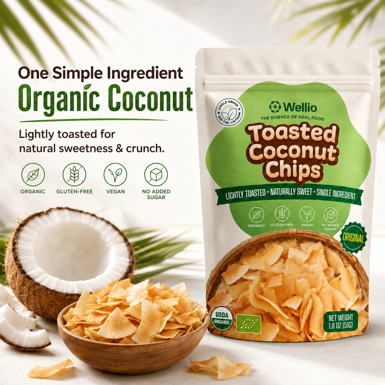 Organic Toasted Coconut Chips, No Added Sugar Clean Label Snack, Keto & Vegan