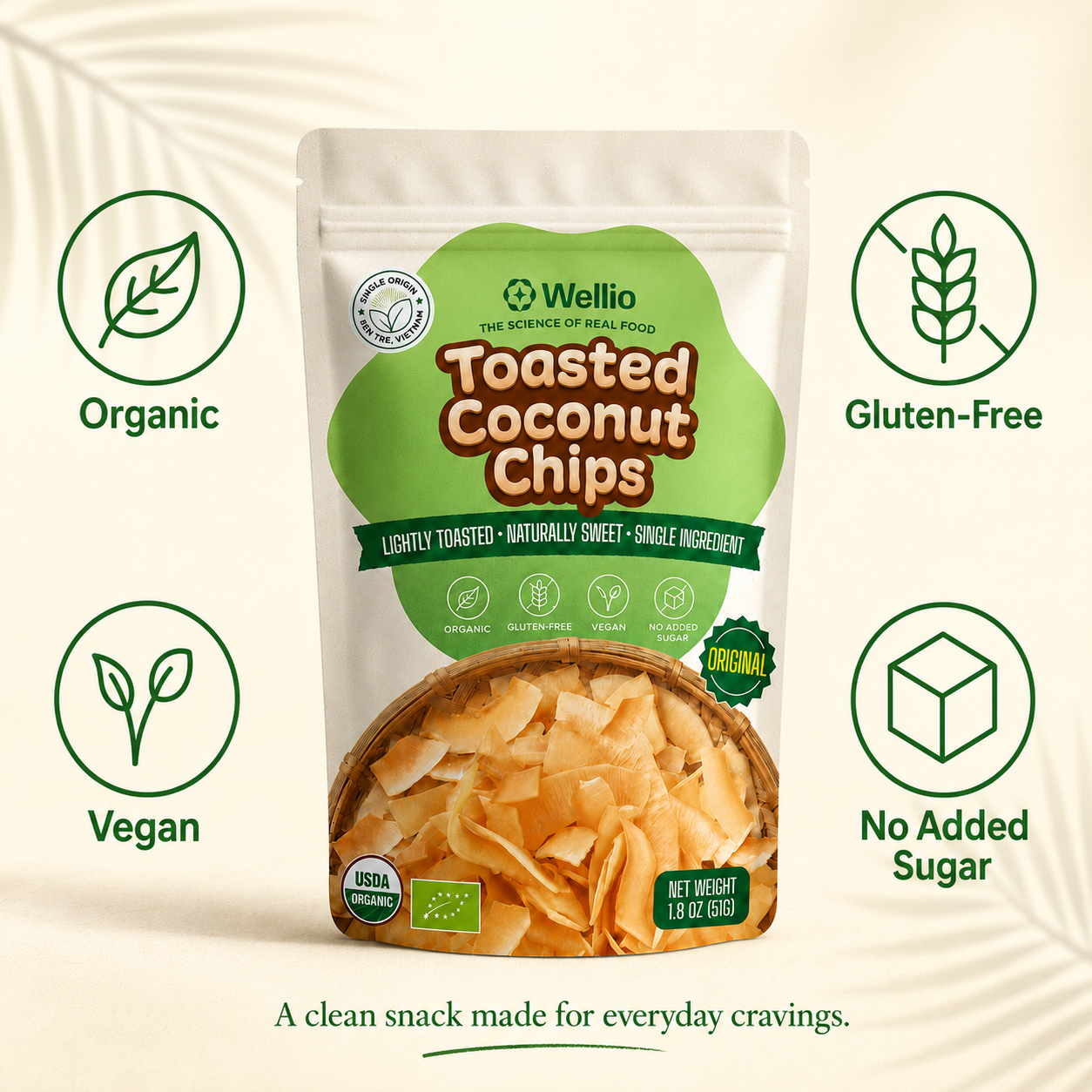 Organic Toasted Coconut Chips, No Added Sugar Clean Label Snack, Keto & Vegan