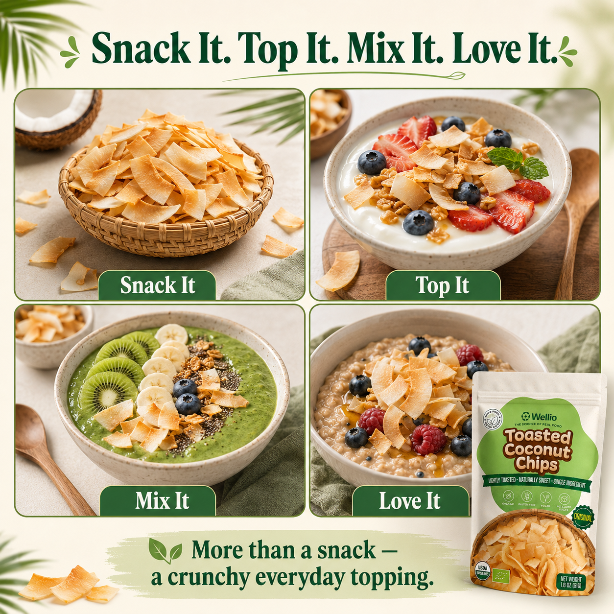 Organic Toasted Coconut Chips, No Added Sugar Clean Label Snack, Keto & Vegan