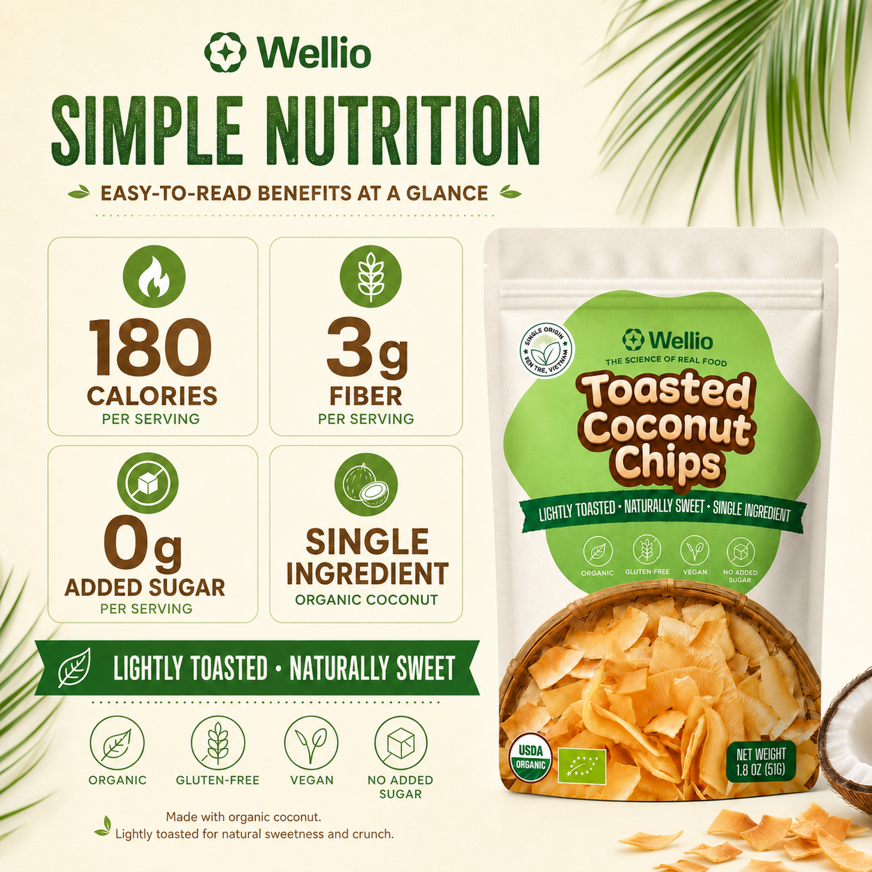 Organic Toasted Coconut Chips, No Added Sugar Clean Label Snack, Keto & Vegan
