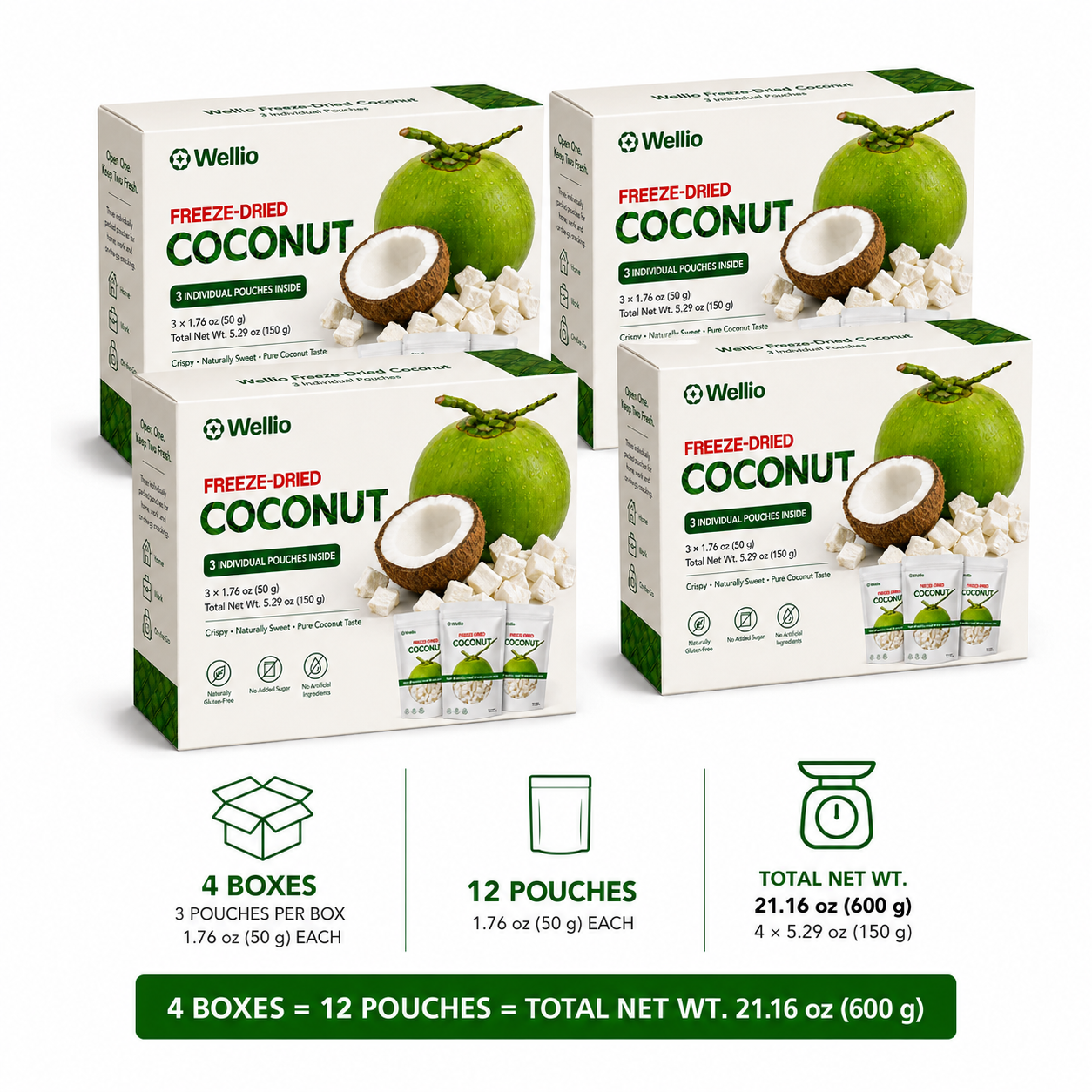 Premium Freeze-Dried Coconut – 3 Individually Packed Pouches (1.76 oz each)