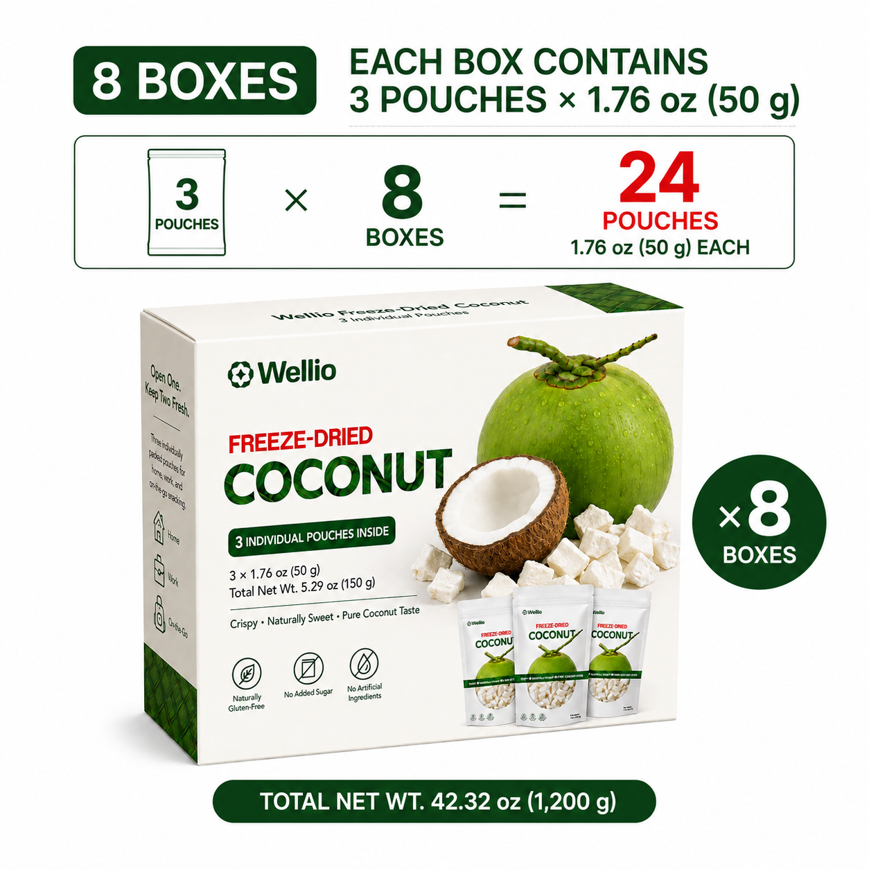 Premium Freeze-Dried Coconut – 3 Individually Packed Pouches (1.76 oz each)