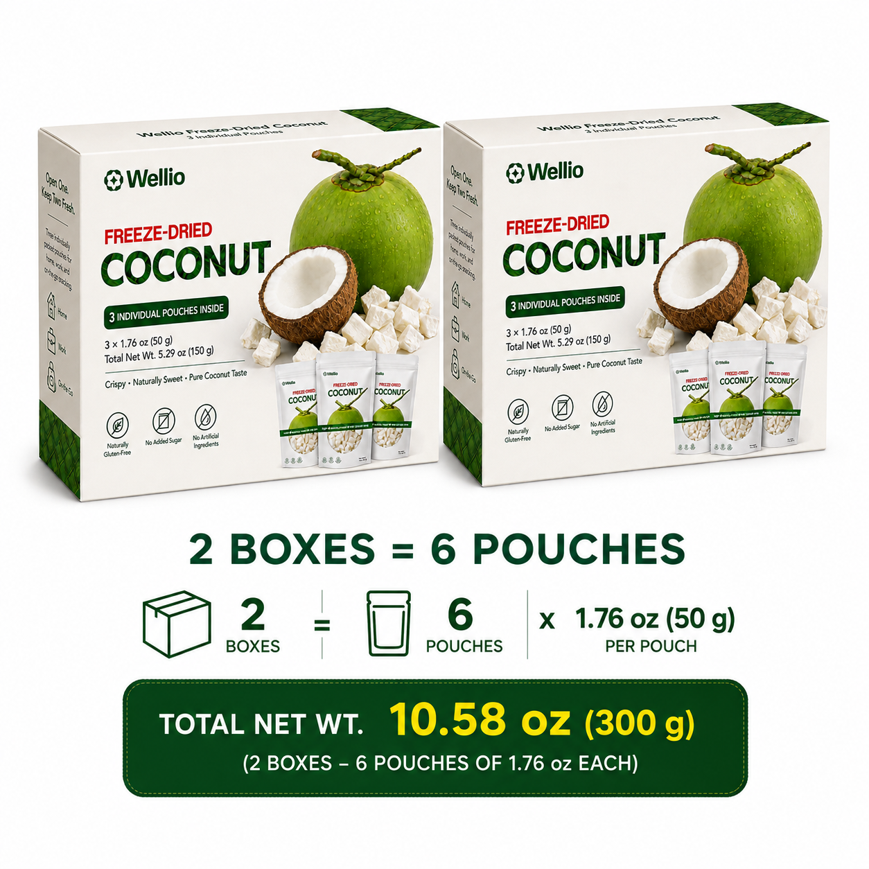 Premium Freeze-Dried Coconut – 3 Individually Packed Pouches (1.76 oz each)